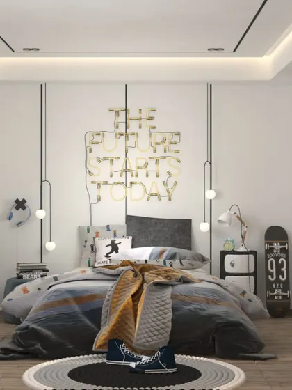 This cool teen bedroom features a "The Future is Today" neon sign as a centerpiece. The design includes a skateboard deck for decoration and a sleek desk for studying.