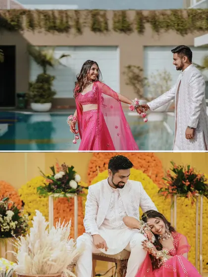 A collage capturing sweet moments from a Haldi or poolside Mehendi, showing the couple's playful and romantic connection.