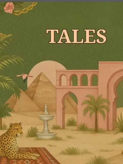 Part of a triptych introducing the collection, this image with the word "Tales" sets a narrative tone. The scene with the cheetah, fountain, and pyramids suggests a story of exotic adventure and romance.