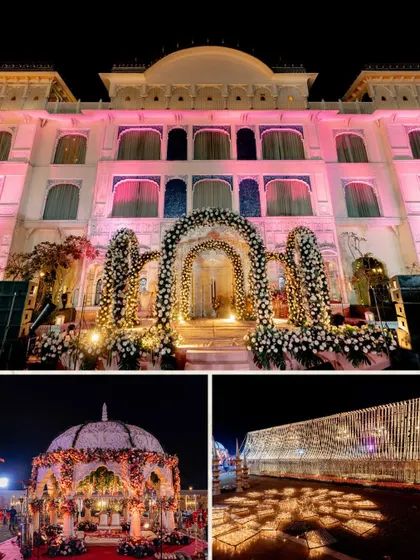 A collage showcasing the magnificent lighting and decor of the Leela Palace Jaipur, transformed for a regal wedding night.