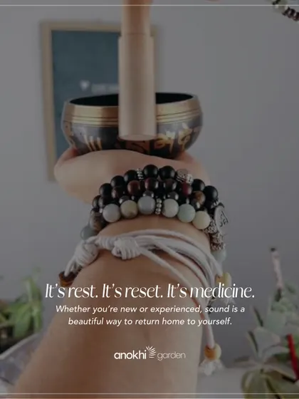 It's rest. It's a reset. It's medicine. Whether you're new or experienced, sound is a beautiful way to return home to yourself, as shown by this close-up of a Tibetan bowl.