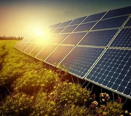 A ground-mounted solar farm at sunset. We help businesses unlock a world of sustainability and cost savings through the power of solar, propelling them toward a greener and more efficient future.