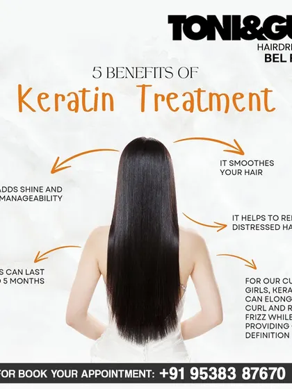 We believe in educating our clients. This graphic breaks down the key benefits of our Keratin treatment, from adding shine and manageability to repairing distressed hair with results that can last for months.