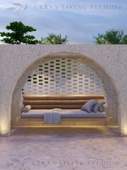 A unique swing bed enclosed in a grotto-like structure made of textured concrete. This design element provides a cozy and private relaxation spot.