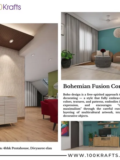 This image explains our 'Bohemian Fusion' concept, a style that embraces playful colors, textures, and patterns to encourage individual expression. The result is a home that is a curated collection of multicultural artwork and decorative objects.