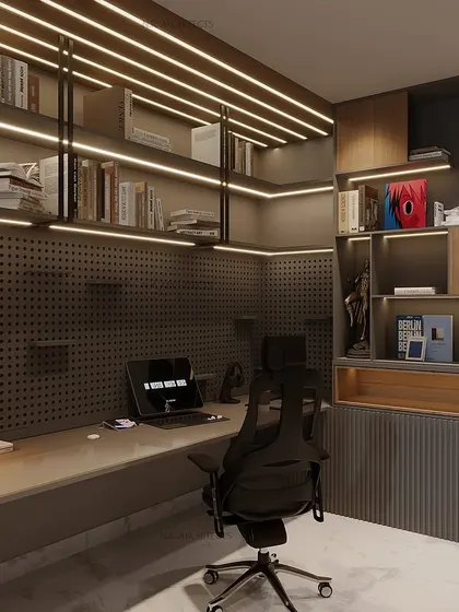 This home office setup is designed for focus. It includes a long desk, ample shelving with integrated lighting, and a pegboard wall for flexible organization.