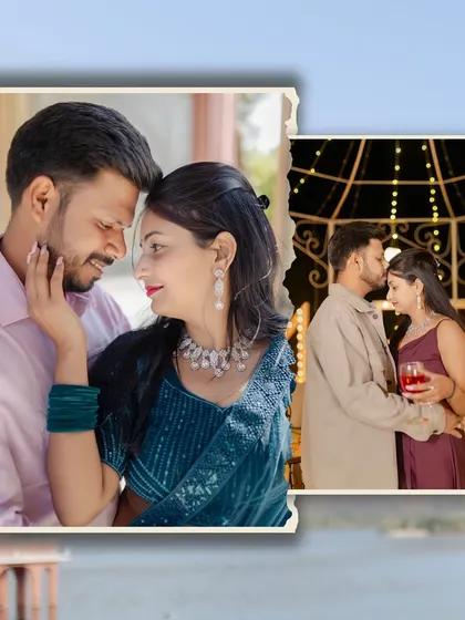 A beautifully edited collage that blends an intimate close-up with a romantic moment from a "Marry Me" light setup, all against a scenic lake backdrop.