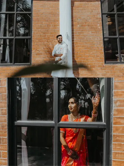A diptych of solo portraits of the bride and groom, framed by windows, creating a sense of connection and distance.