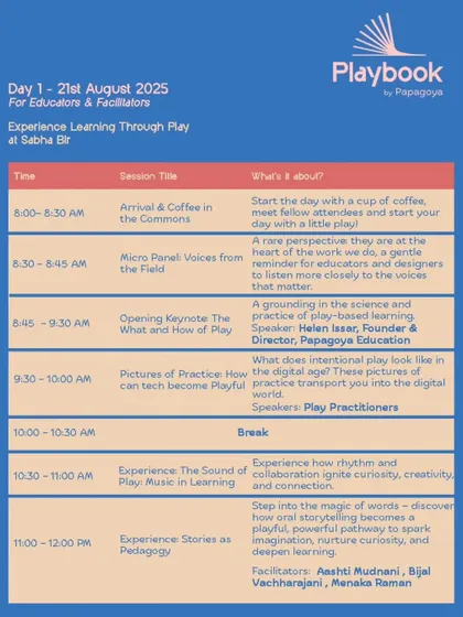 Here is the detailed agenda for Day 1 of The Playbook, designed for educators and facilitators. The day is packed with everything from an opening keynote on the science of play to hands-on sessions on music in learning and storytelling as pedagogy.