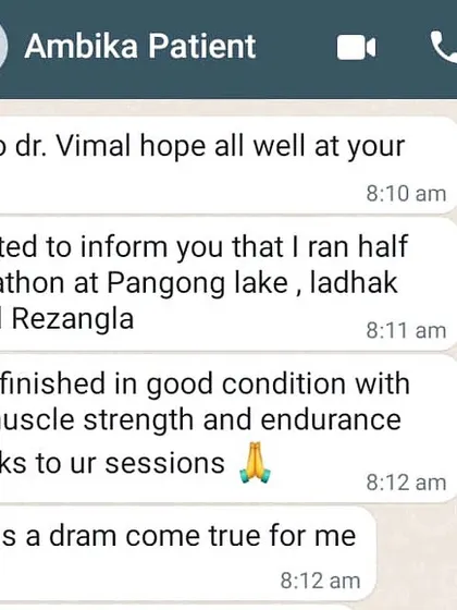 A screenshot of a WhatsApp message from our patient Ambika after her Ladakh marathon. Her words, "It was a dream come true for me," are the reason we do what we do.