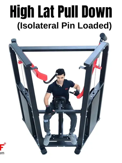 A top-down view of a user performing a unilateral pulldown, showing the machine's range of motion.