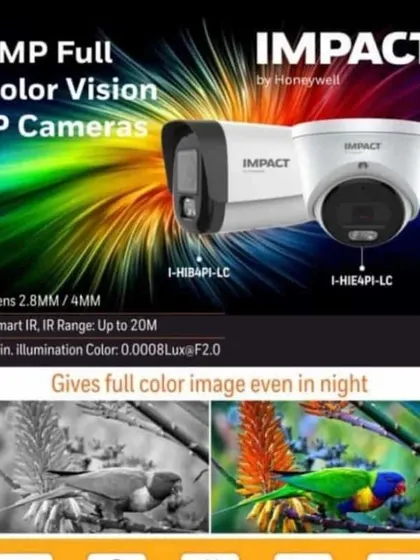 A promotional image for the Impact by Honeywell 4MP full-color IP cameras I stock, showing the difference between standard and color night vision.