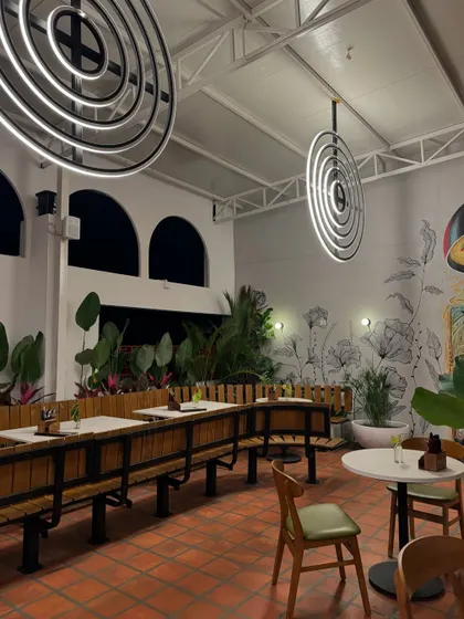 The interior of a rooftop cafe we recently landscaped. The combination of large potted plants, wall murals, and modern furniture creates a curated and elevated ambiance that is both stylish and serene.