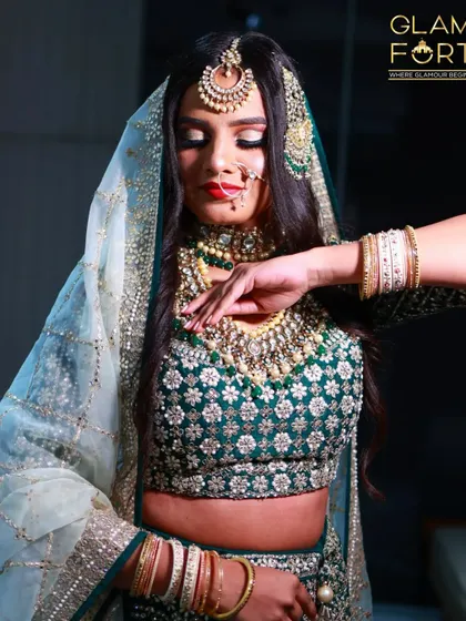 The complete Valima look, with the dupatta elegantly draped. The makeup is designed to be soft and ethereal, perfect for a post-wedding celebration.