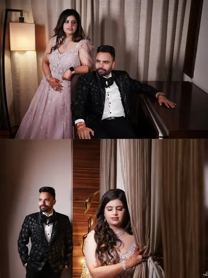 A collage of editorial style portraits of the couple, showcasing their glamorous outfits and confident poses in a luxurious setting.