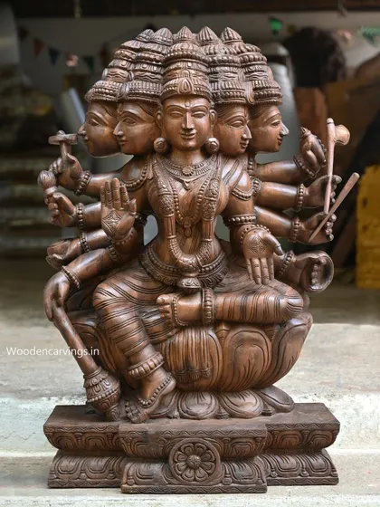 A magnificent 36-inch sculpture of Panchamukha (five-faced) Gayathri Devi with ten hands. This complex and powerful form represents the unity of divine forces and is a masterpiece of our carving skill.