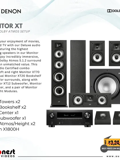 This Polk Monitor XT 5.1.2 channel Dolby Atmos package is a fantastic option for immersive sound. It includes tower speakers, a center channel, bookshelf surrounds, and height modules to create a three-dimensional sound field.