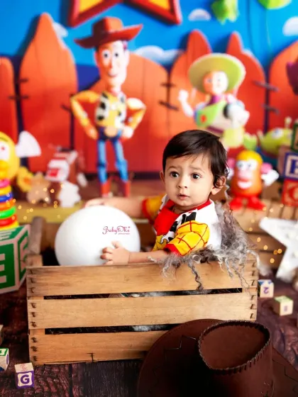 This shot captures the whole Toy Story gang. These detailed setups make for such fun and memorable first birthday photos.