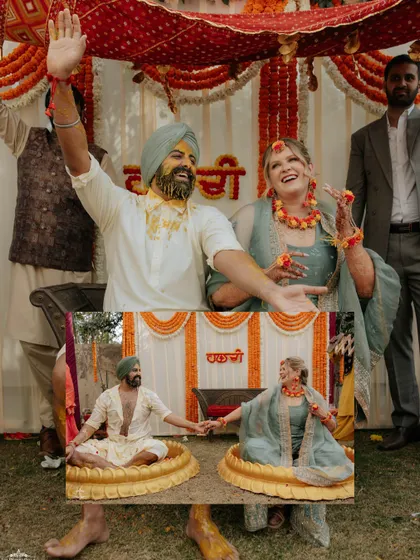 A collage showing the couple during their Haldi ceremony, seated in traditional brass urlis, a unique and fun part of their celebration.
