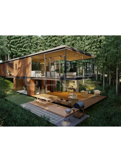 A 3D render of a sustainable villa nestled in a forest. The design uses a combination of glass and wood-clad panels, resting lightly on the landscape to minimize environmental impact.
