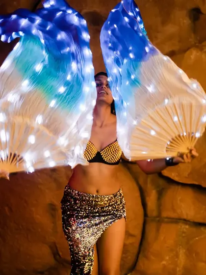 A beautiful shot from a show at Magique, featuring LED veil fans. These props combine the grace of silk fans with the beauty of light, creating a flowing, ethereal effect.
