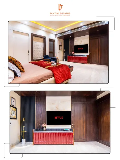 This bedroom combines rich wood tones with a striking red console and plush bedding. The design of the TV wall incorporates marble and dark wood, creating a luxurious and cohesive look.