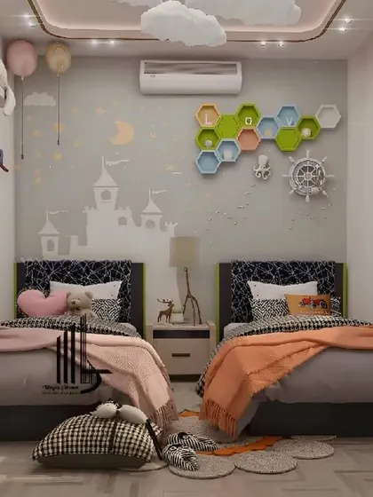 This whimsical shared bedroom features a castle-themed wall decal and cloud-like ceiling details. The soft color palette and playful decor create a magical fairytale atmosphere.