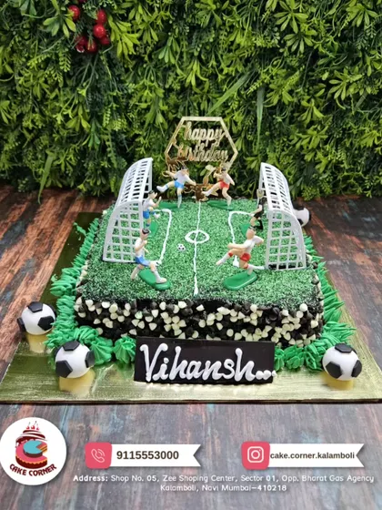 A full football field cake for Vihansh. The detailed pitch with players and goals makes it an amazing centerpiece for a football-themed party.