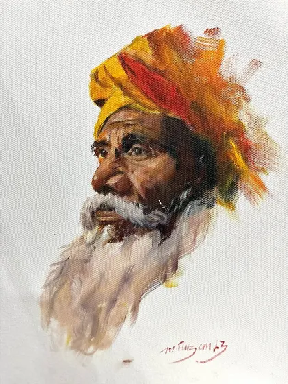 An oil portrait where the bright yellow turban is the hero. I love painting elderly faces; their expressions hold so much life and experience. This piece is a celebration of that wisdom and character.