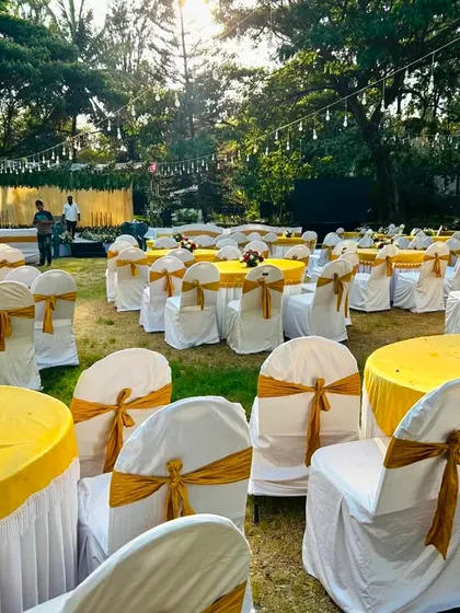 Outdoor guest seating arrangement for a daytime event, with round tables covered in yellow cloths and chairs decorated with golden sashes.