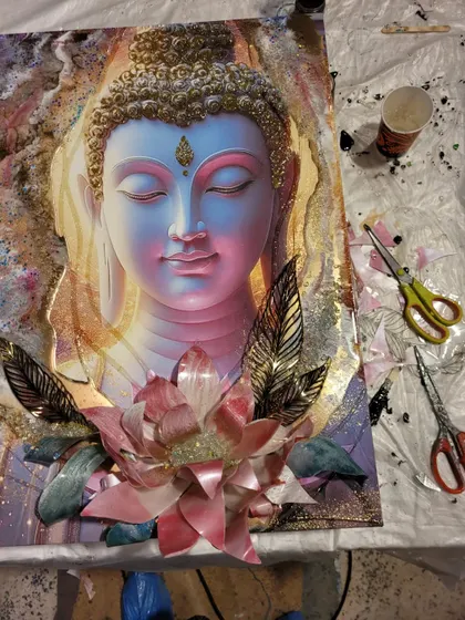 This divine Buddha 3D photo art is another example of what you can create. The workshop covers how to make the lotus and other elements by hand.