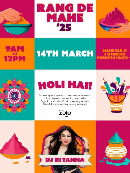 The official event poster for "Rang De Mahe '25," the huge Holi celebration at Manipal University's Bangalore campus where I was the featured DJ.