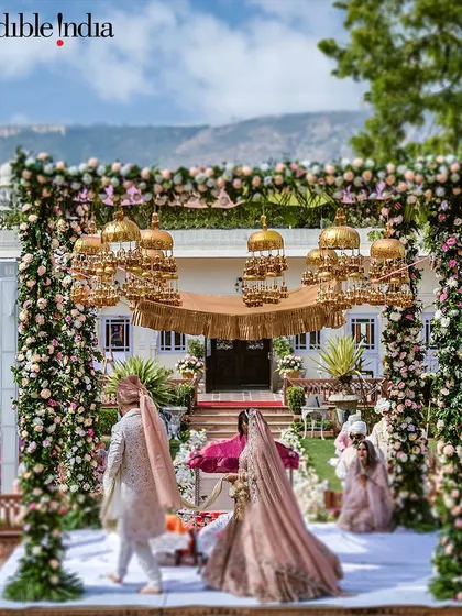A wide shot of a gorgeous mandap setup at a Jaipur palace, featured by Incredible India.