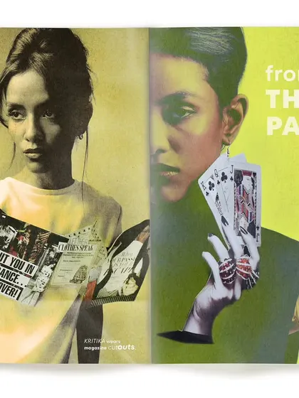 A magazine-style spread featuring two portraits, with the title 'FROM THE PAGES' integrated into the design. This image directly plays with the medium it critiques, blending photography with graphic layout.