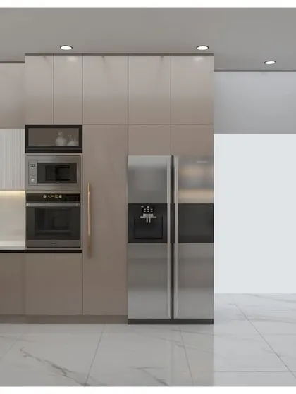 A visualization of a kitchen with a tall unit housing a built-in oven and microwave. This vertical arrangement is ergonomic and frees up valuable counter space.