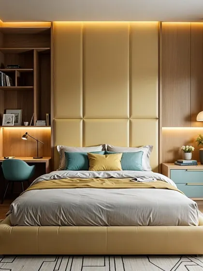 In this version, I paired a soft yellow upholstered bed and headboard with teal wardrobes and wood accents. This shows how the same color palette can be used in different ways to achieve a balanced and stylish look.