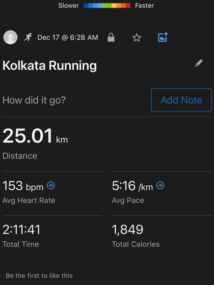 The data from a 25km progressive run. The runner executed the plan perfectly, starting slow and finishing with the fastest kilometer at the end. This is smart racing.