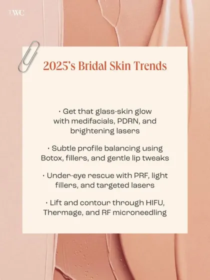For 2025 brides, the trend is all about strategic, science-backed skin prep. This includes achieving a glass-skin glow with medifacials, subtle profile balancing, and lifting with technologies like HIFU and Thermage. Starting early is the key to high-reward results with low risk.