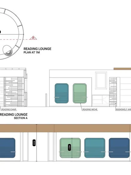 Orthographic drawings for the Reading Lounge in the 080 Lounge project. This sheet includes the plan, sections, and elevations, detailing the construction of the bookshelf, reading nooks, and seating pods.