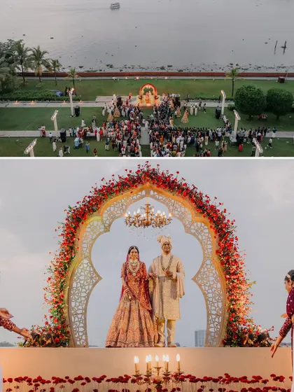 Your wedding venue is the stage for your story. Using our drone, we captured this incredible aerial view of Maheswari and Basu's lakeside ceremony, showcasing the grandeur of the location and the scale of their celebration.