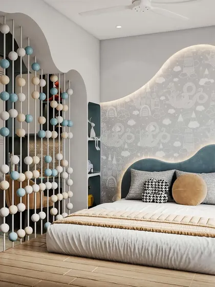 A full view of the thoughtfully designed luxury kid's bedroom, showcasing the harmonious balance of fun, color theory, and spatial design.