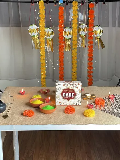 A behind-the-scenes look at my Diwali setup for a coffee brand. I used marigold garlands, diyas, and rangoli powder to create a truly festive and traditional Indian vibe.