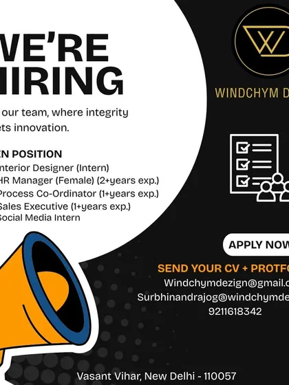 A comprehensive ad from Windchym Dezign in New Delhi, detailing responsibilities for roles like HR Manager and Process Coordinator.