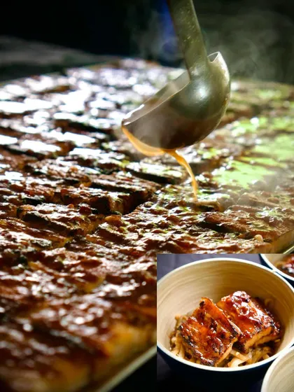 A collage showing the preparation of a dish from the Bangalore Nostalgia menu, with a ladle pouring a rich sauce over slow-cooked meat.