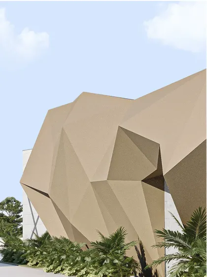 The parametric array on this facade calibrates stiffness and reduces weight, creating an unmistakable silhouette against the subdued field of insulated panels. It is geometry that is modern and purposeful.