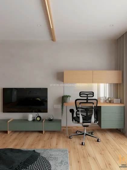 The TV and study area in the Scandinavian bedroom, with a floating console and desk in sage green and light wood.