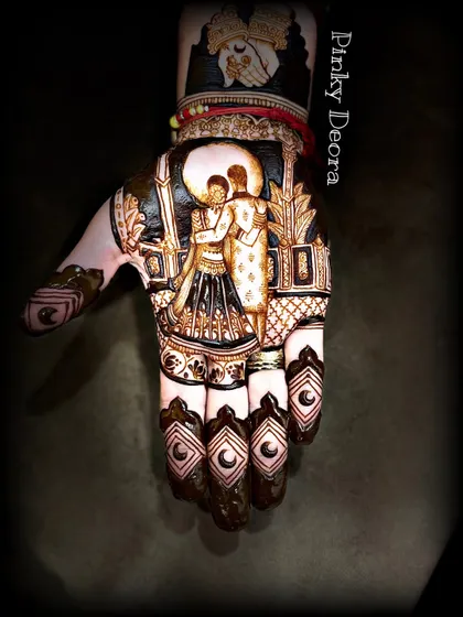 A full-hand Karwa Chauth design featuring a romantic couple portrait under the full moon. The intricate details and dark stain make this a truly stunning piece of festive art.