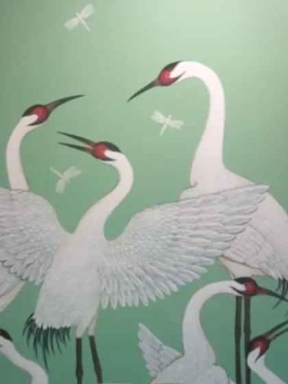 A beautiful mural of Sarus cranes and dragonflies against a soft green background. This elegant and artistic design brings a sense of grace and nature indoors.