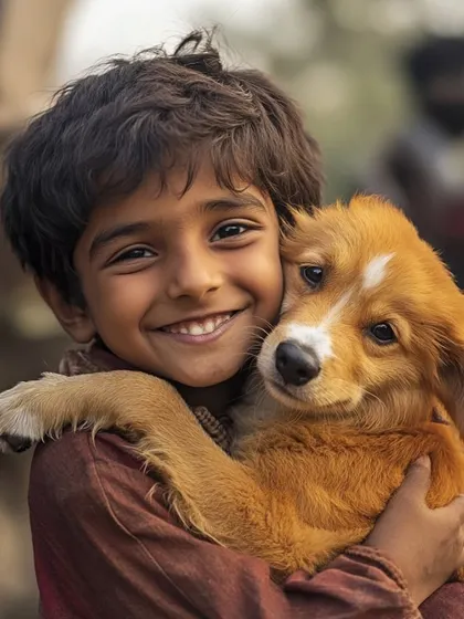 A beautiful, AI-generated image of a smiling child hugging a puppy. This visual represents the pure, unconditional love between children and animals, a bond we celebrate.