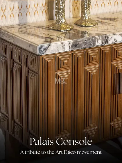 A detailed view of the Palais Console's geometric carvings. This sculptural piece is more than just furniture; it's an object that celebrates symmetry, sophistication, and timeless design.